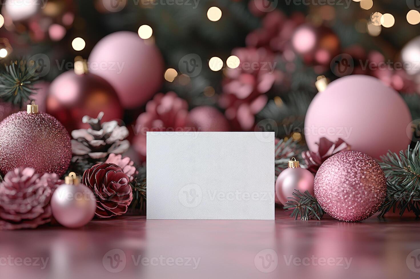 Christmas card standing near pink baubles and pine cones with blurred lights in background photo