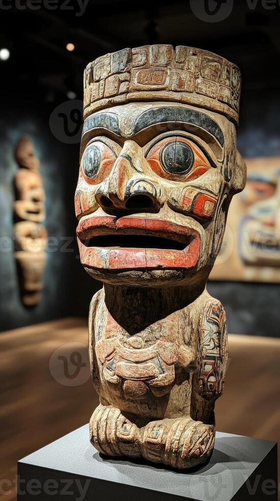 Intriguing indigenous wooden statue displaying vibrant colors and tribal motifs photo