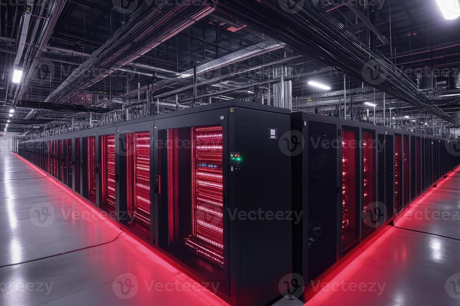 Server room with red lights illuminating datacenter technology photo