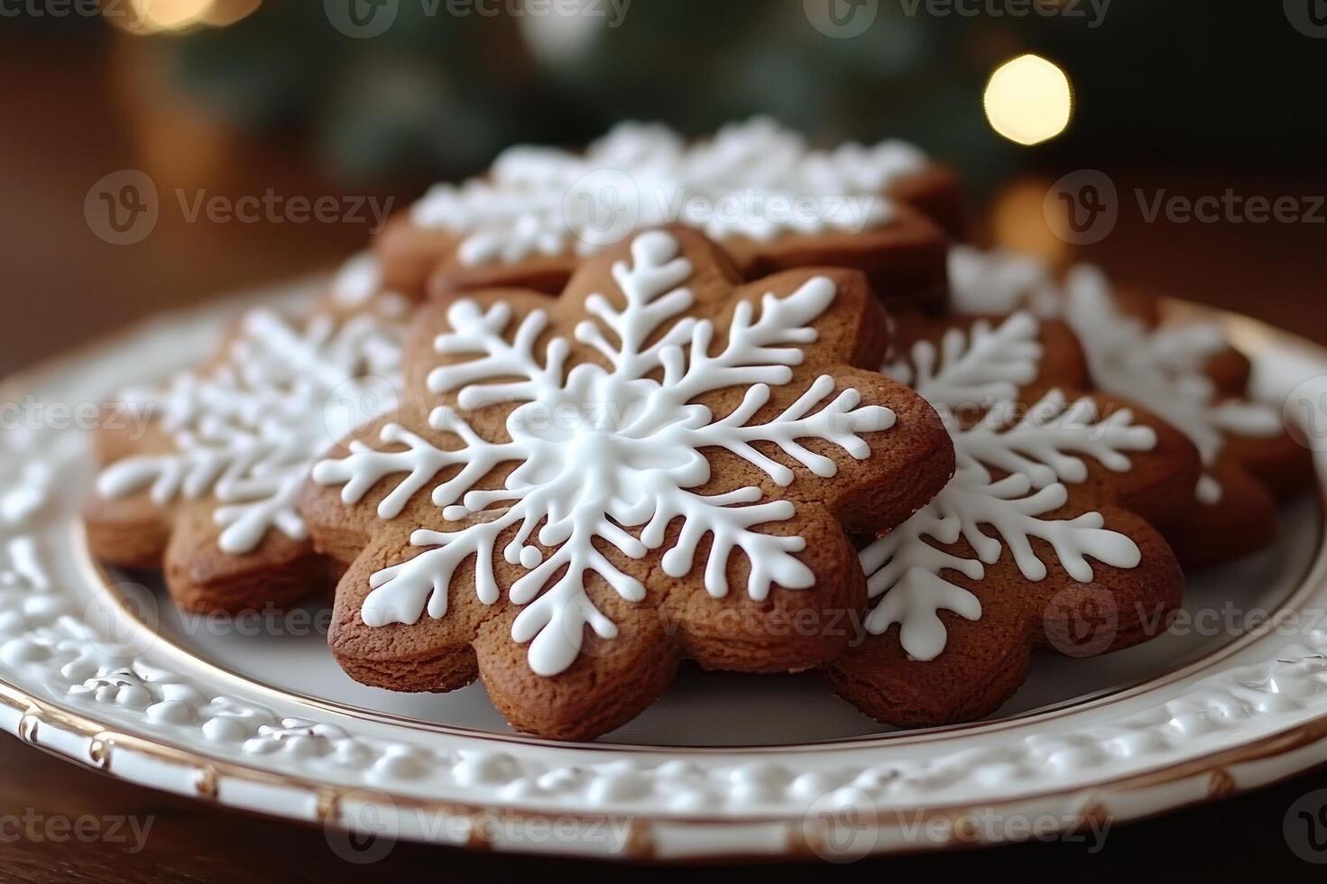 Delicious christmas gingerbread cookies decorated with white icing on a plate photo