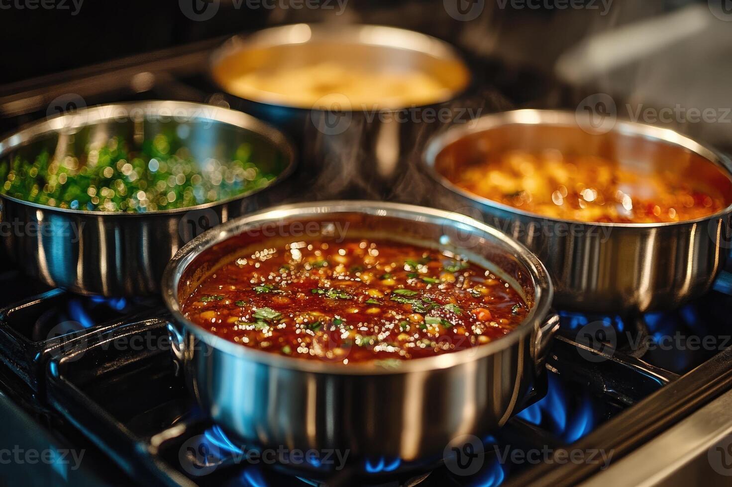 Steaming hot food cooking in pots on a gas stove in a restaurant kitchen photo