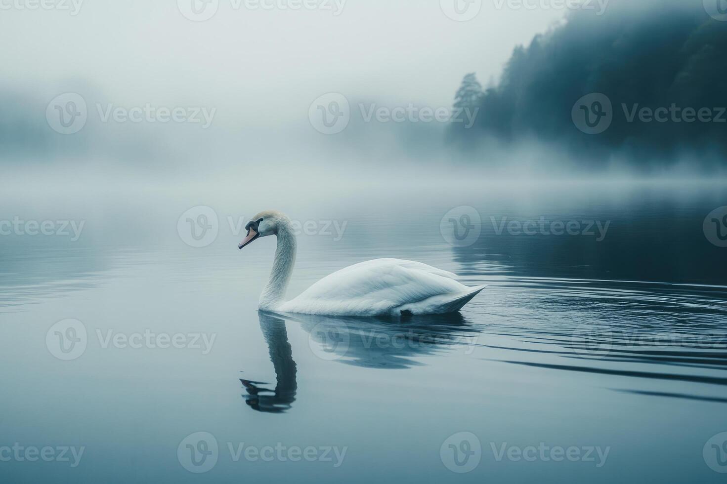 White swan swimming on misty lake at dawn photo