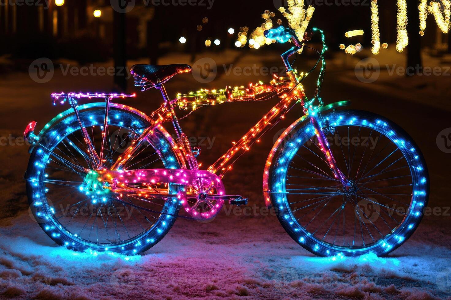 Bicycle decorated with glowing lights standing on city street at night photo