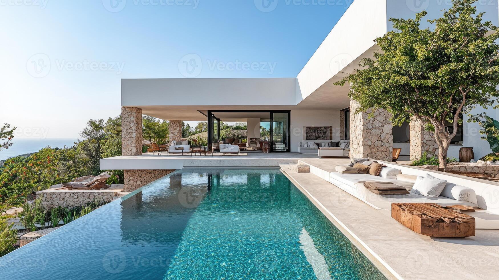 Infinity pool overlooking tranquil ocean at modern luxury villa photo