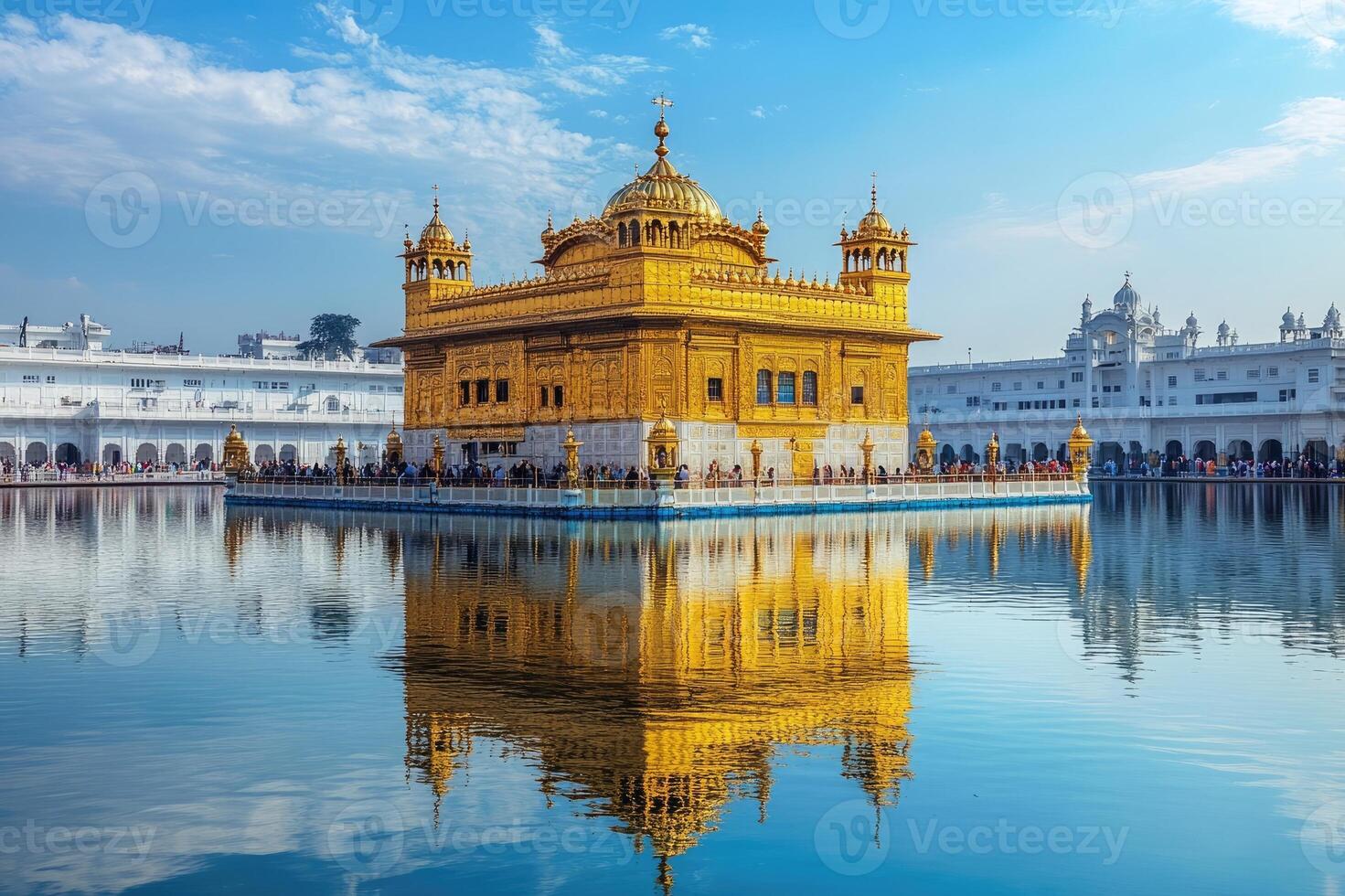 Golden temple harmandir sahib reflecting on amritsar lake's calm waters photo