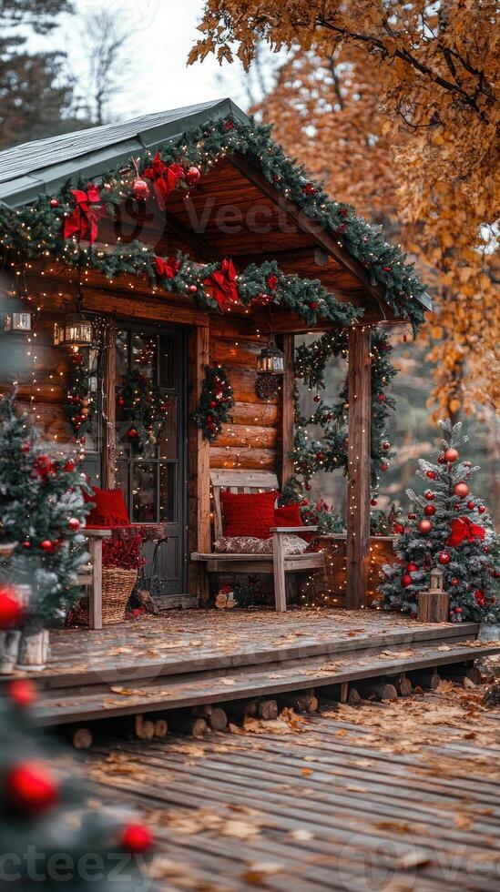 Cozy christmas porch of a wooden house decorated with garland and lights in a forest photo