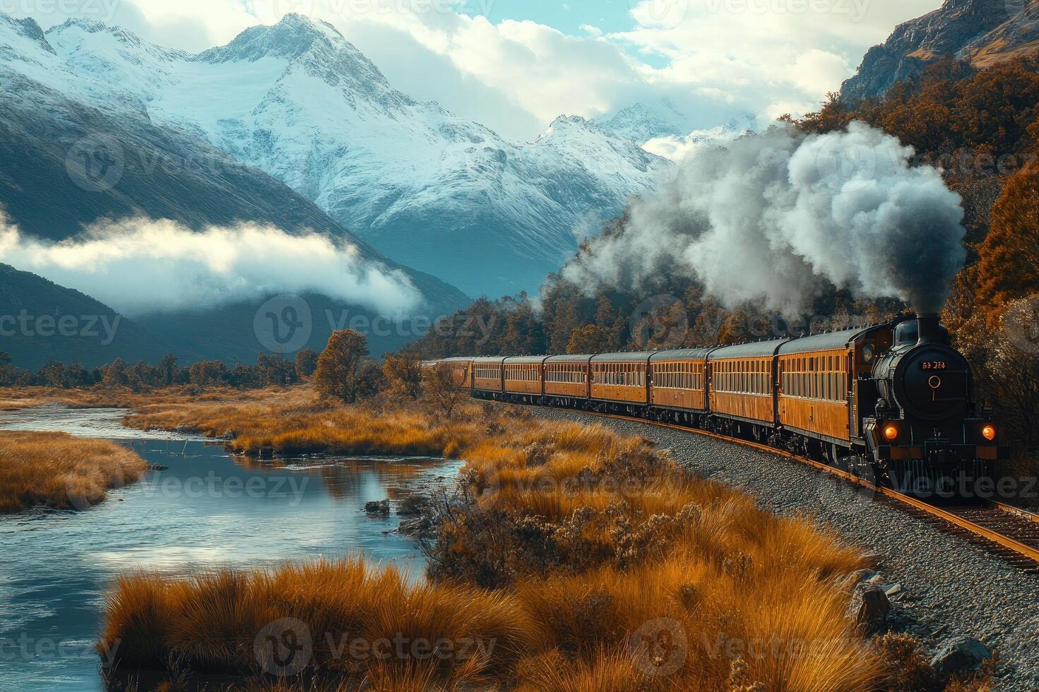 Kingston flyer steam train running along a river in a mountain valley photo