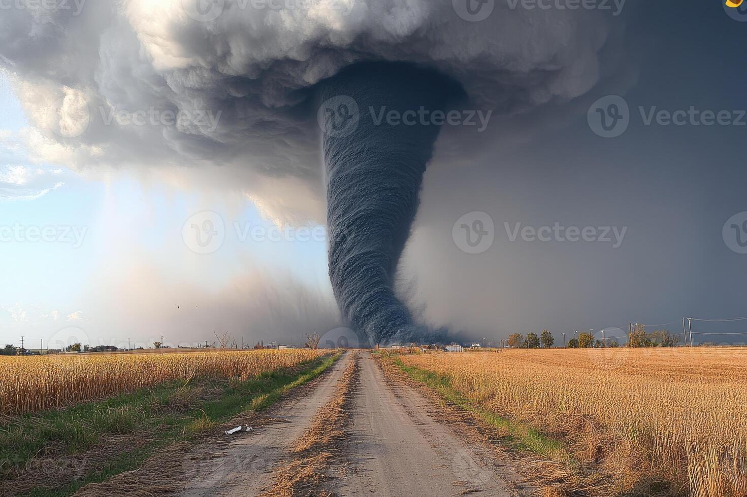Large tornado touching down in farmland with dirt road leading towards it photo