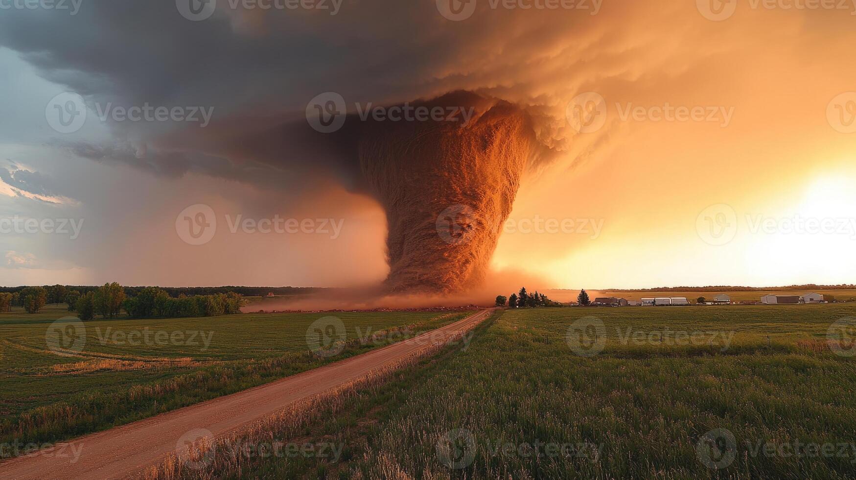 Huge tornado touching down on farmland at sunset with dramatic clouds photo