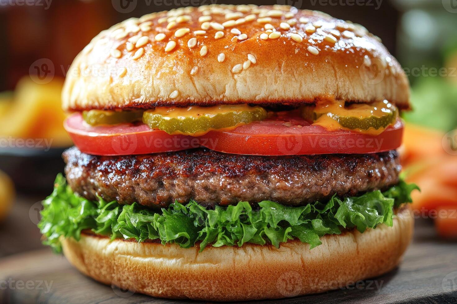 Delicious hamburger showing sesame seeds, patty, lettuce, tomato, pickles, and sauce photo