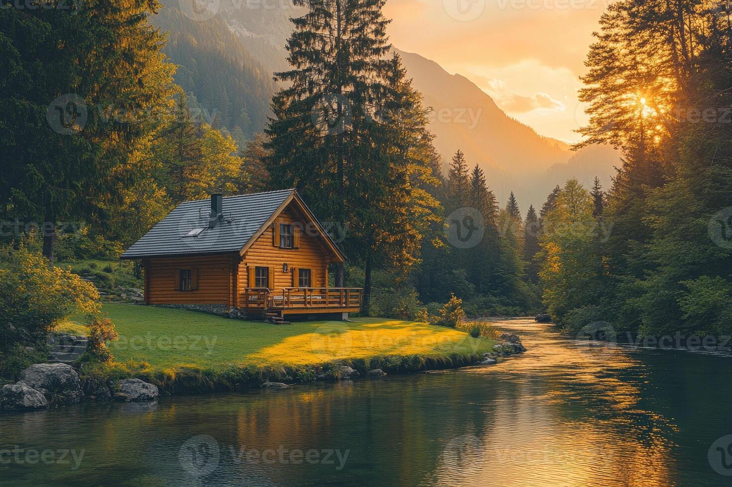 Wooden cabin inspiring wanderlust by the river at sunset in the mountains photo