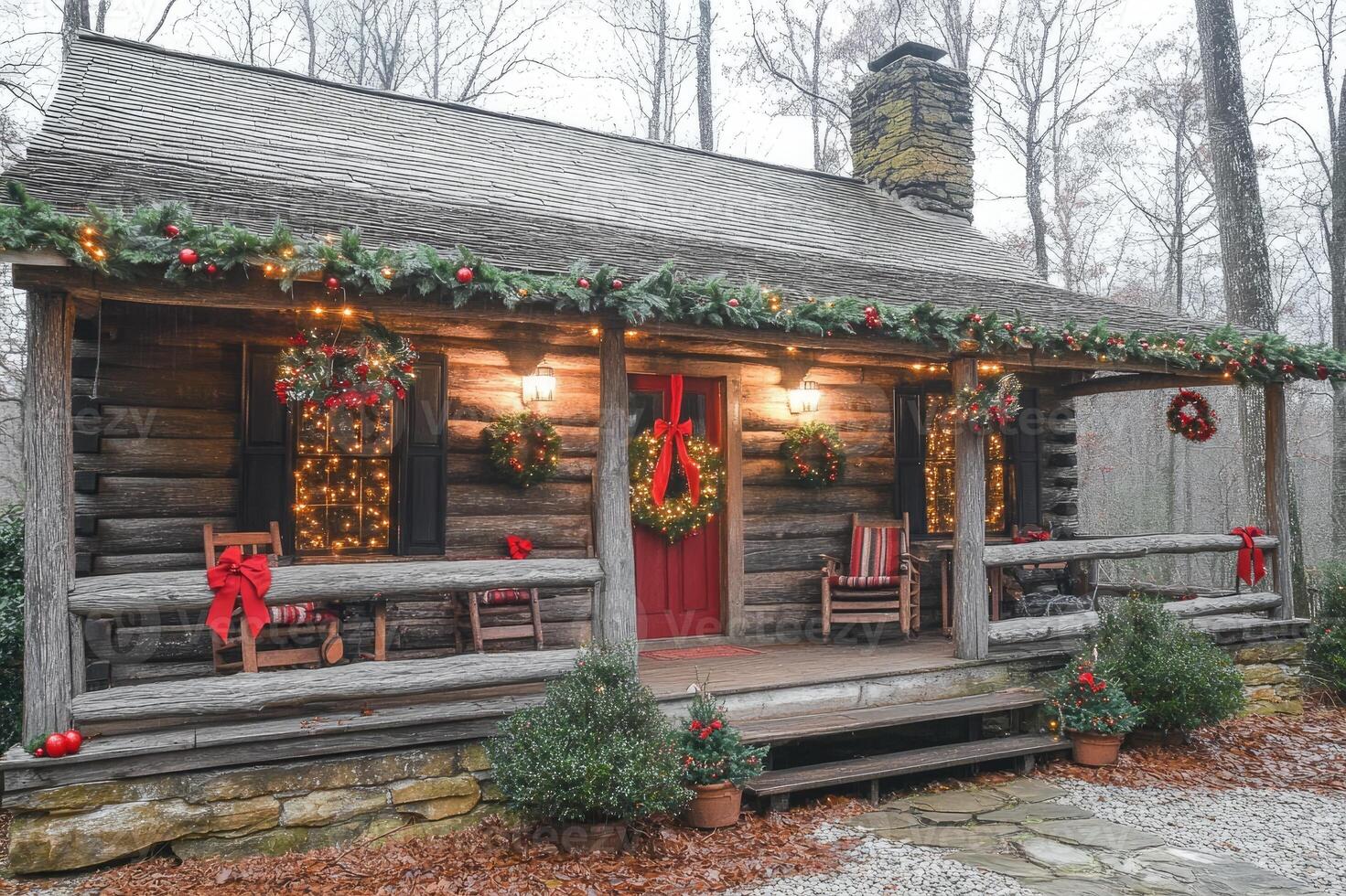 Cozy log cabin decorated for christmas in a forest setting photo