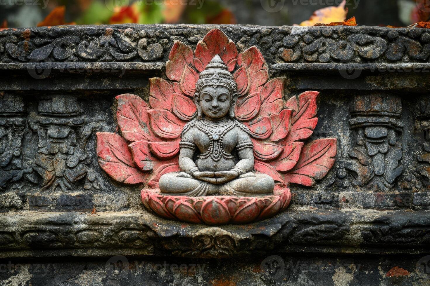 Meditating buddha statue sitting on lotus flower carving on ancient stone wall photo