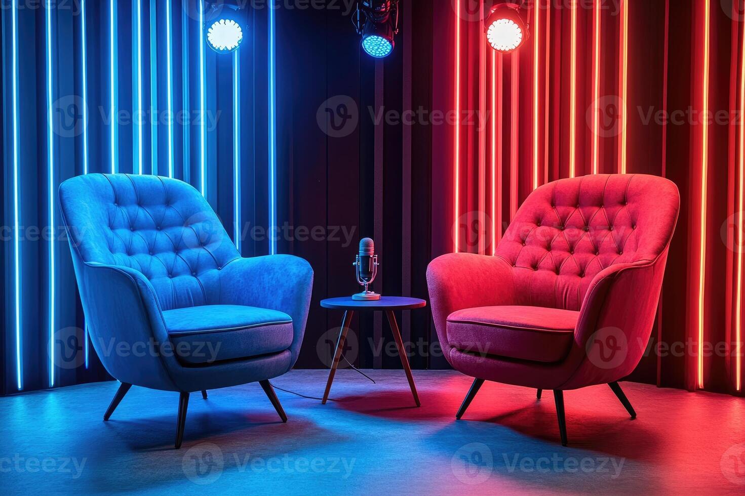 Two empty armchairs with microphone awaiting guests in neon-lit studio photo