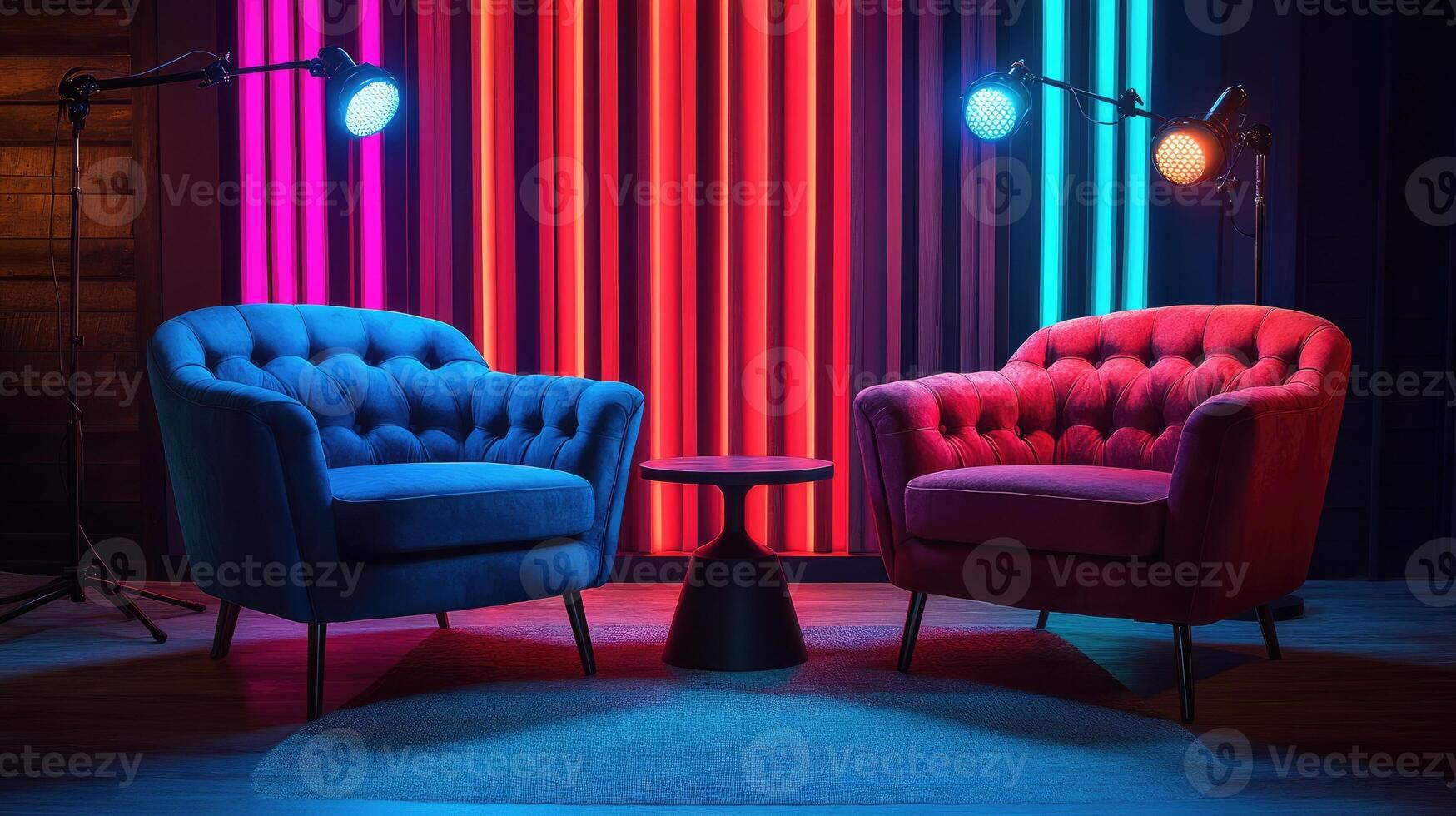 Two empty armchairs preparing for a talk show recording in a vibrant studio photo