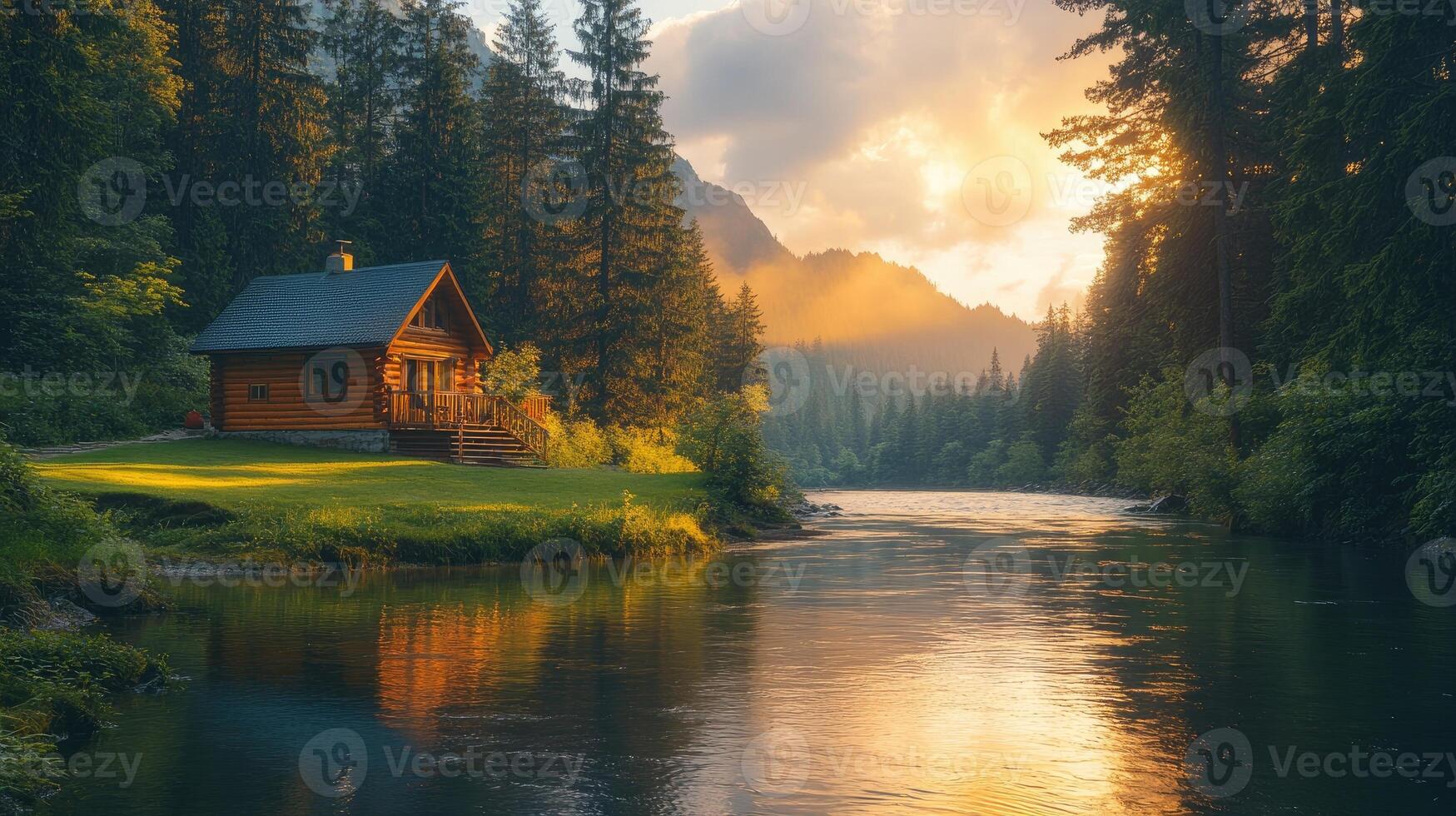 Wooden cabin inspiring wanderlust by the river at sunset photo