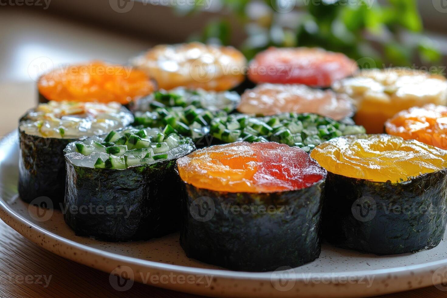 Colorful sushi rolls with various toppings creating a vibrant culinary display on a plate photo