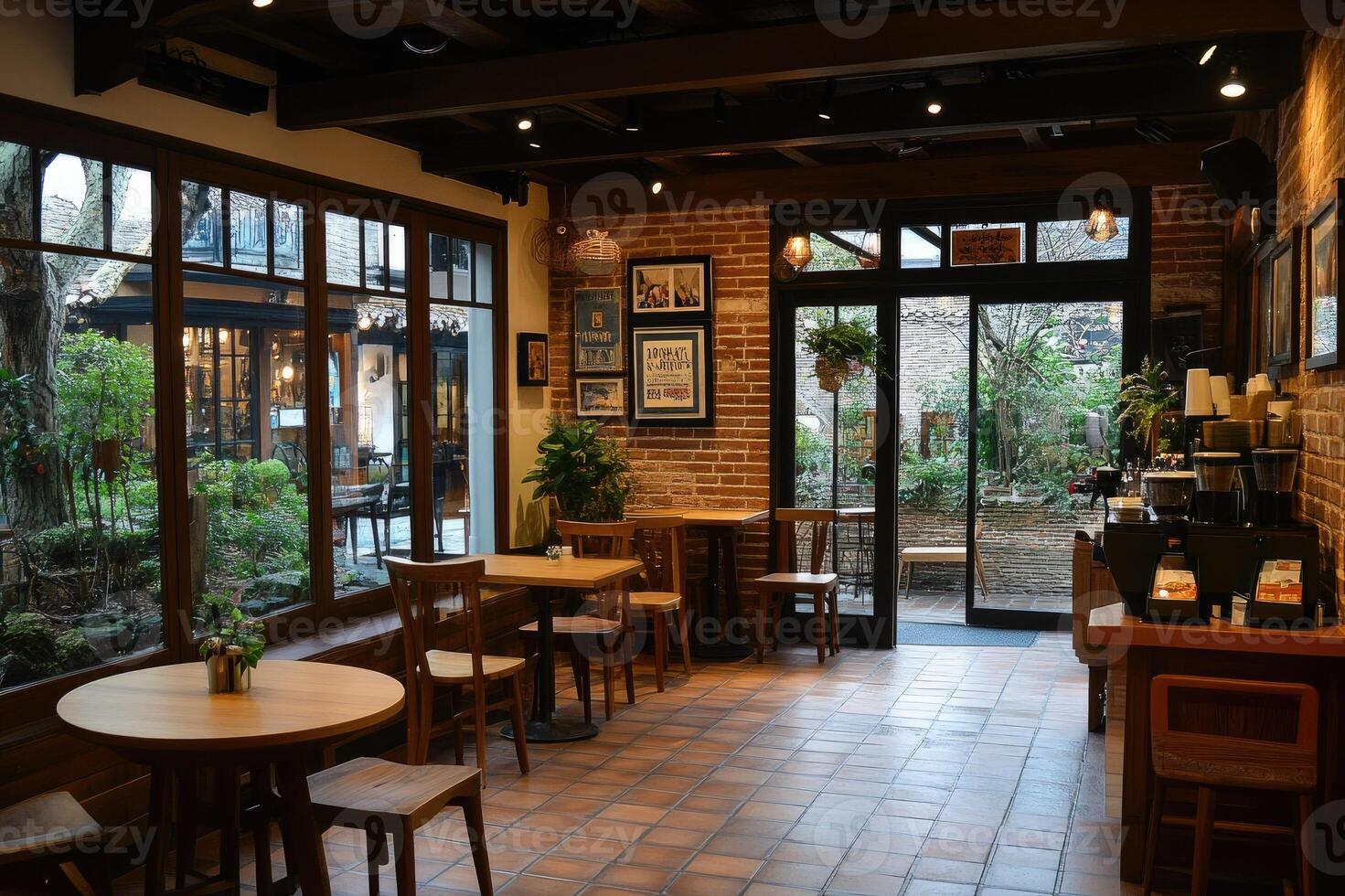 Modern coffee shop interior design with wooden furniture and natural lighting photo