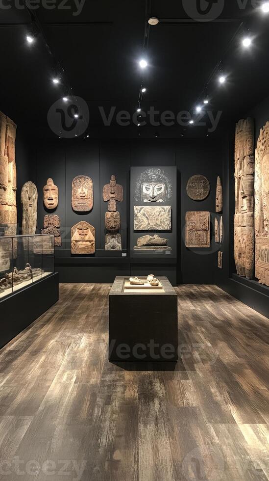 Ancient mayan artifacts displayed in modern museum setting photo
