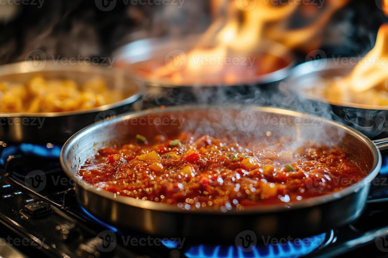 Chef cooking tomato sauce with vegetables in frying pan on gas stove photo