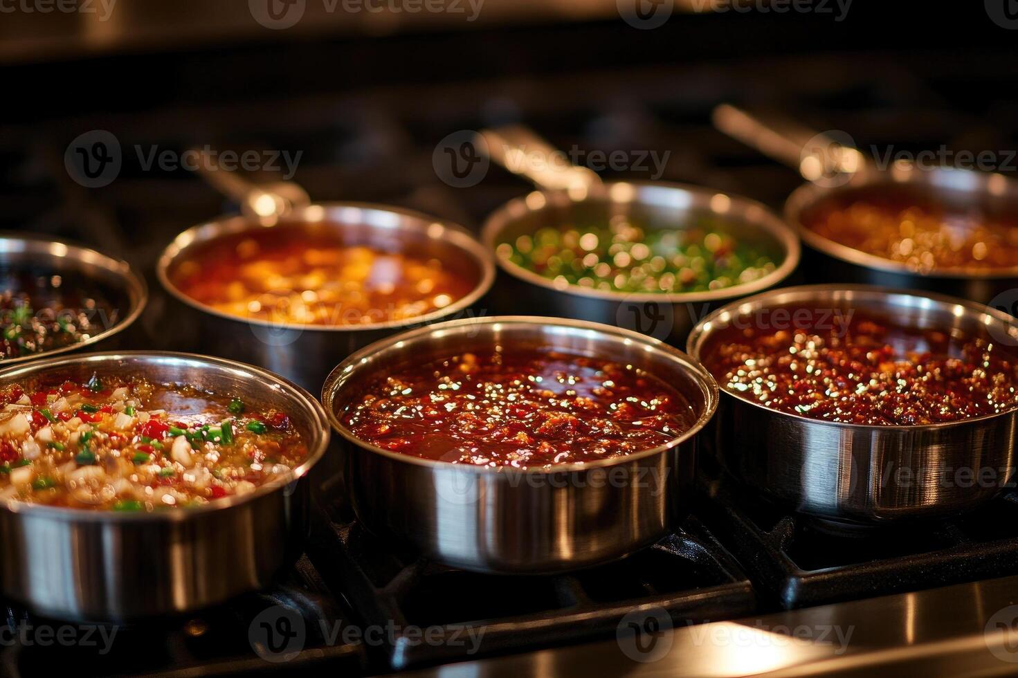 Steaming hot food cooking in pots on a gas stove in a restaurant kitchen photo