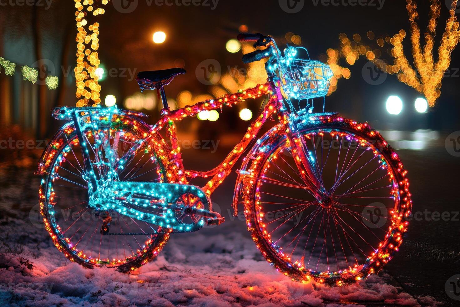 Glowing bicycle decorated with christmas lights in winter night photo