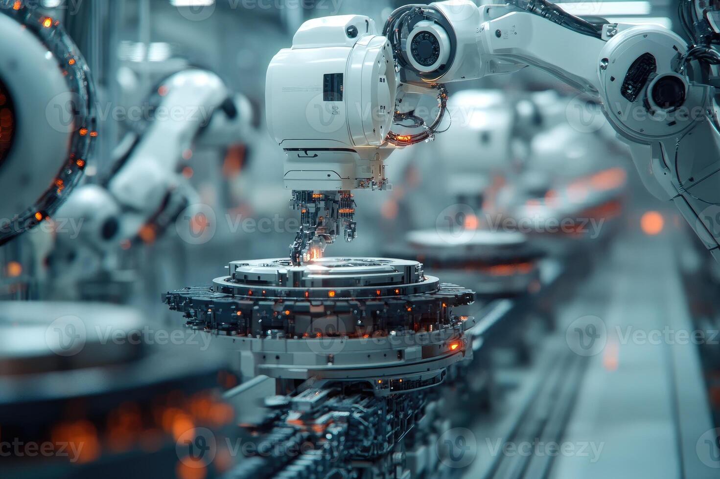 Robotic arms manufacturing microchips in automated factory photo