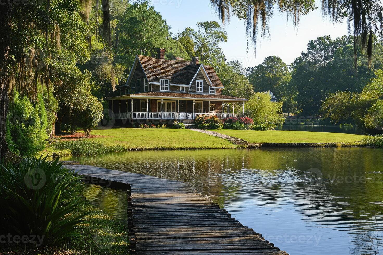 Wooden lake cabin with pier in tranquil forest setting during sunrise photo