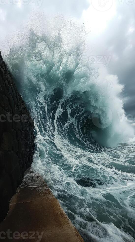Giant ocean wave crashing near a stone pier during a cloudy day photo
