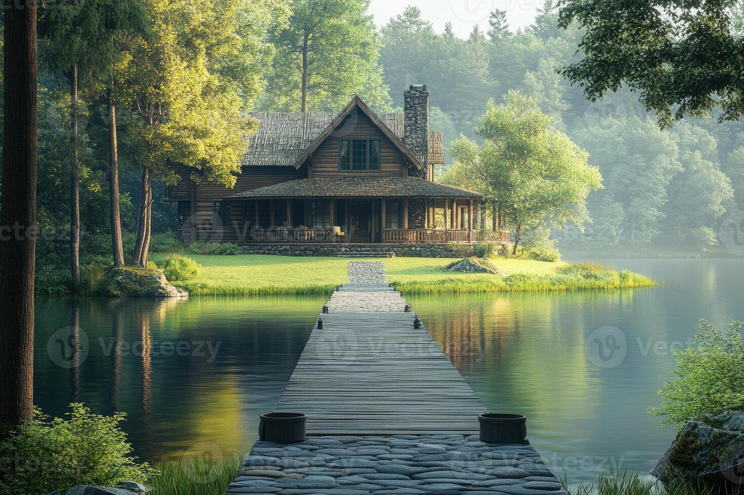 Wooden lake cabin with pier in tranquil forest setting during sunrise photo