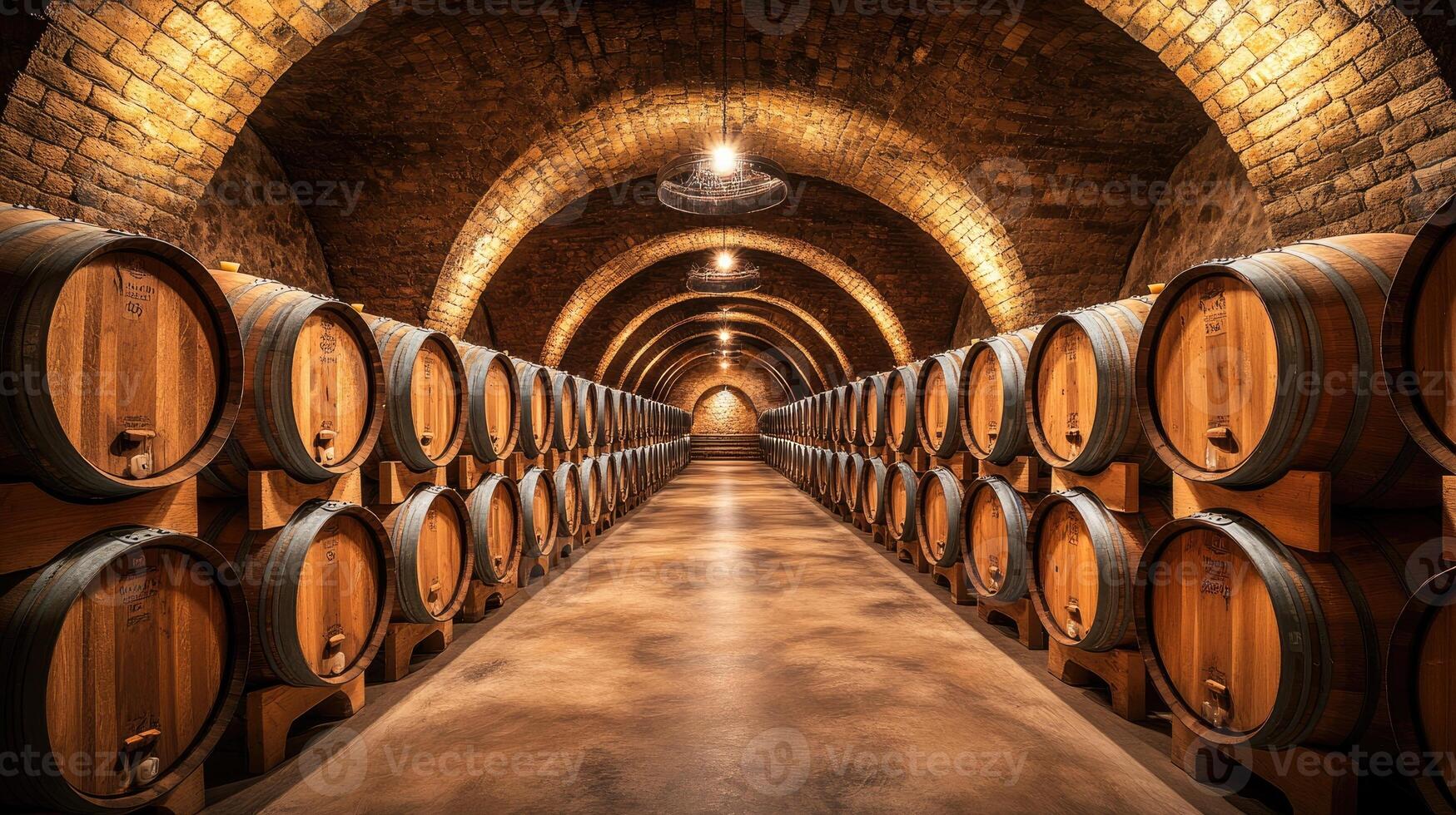 Oak wine barrels aging in a traditional cellar, creating a captivating perspective photo