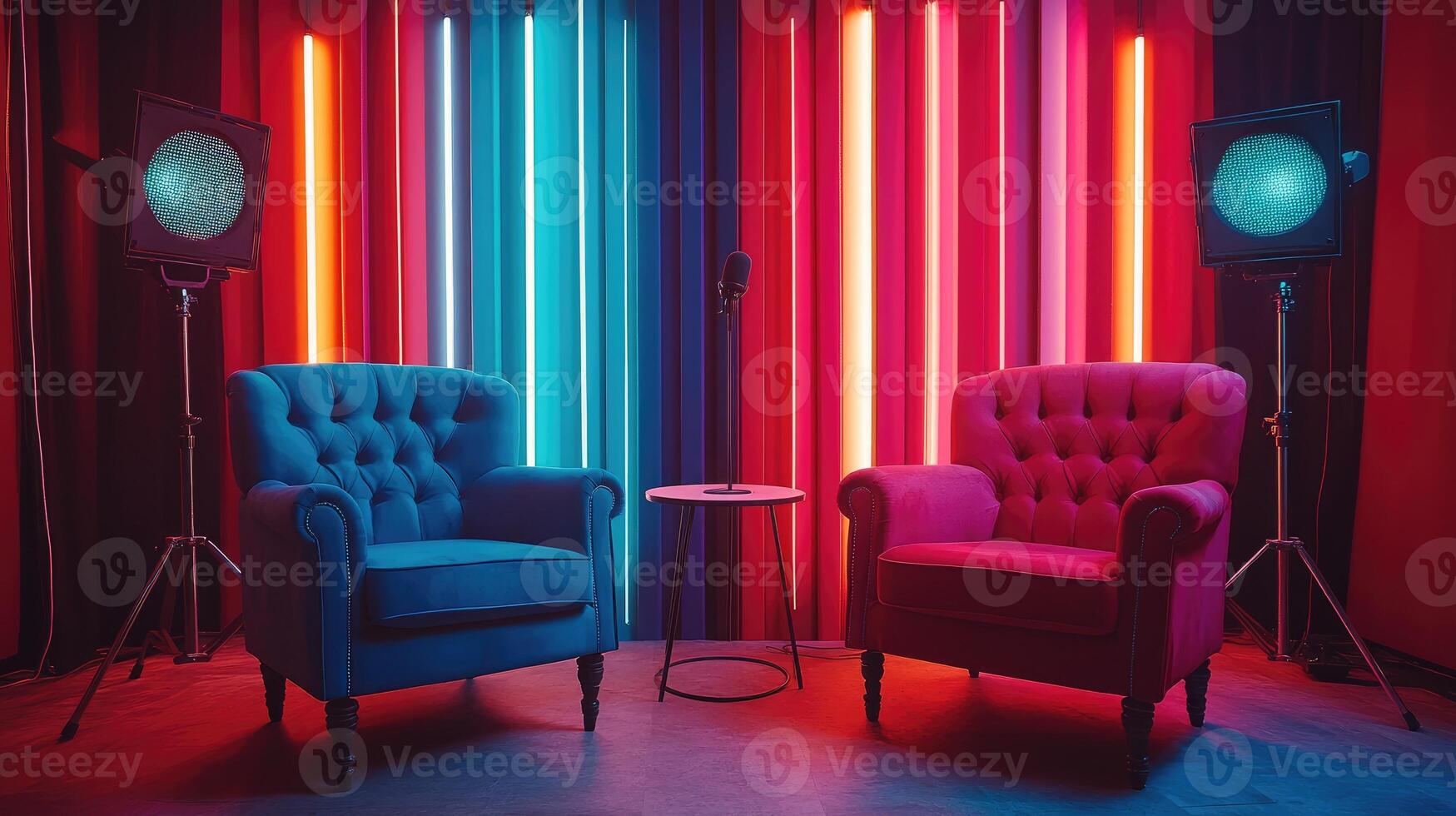 Two empty armchairs facing each other in a recording studio with colorful neon lights photo