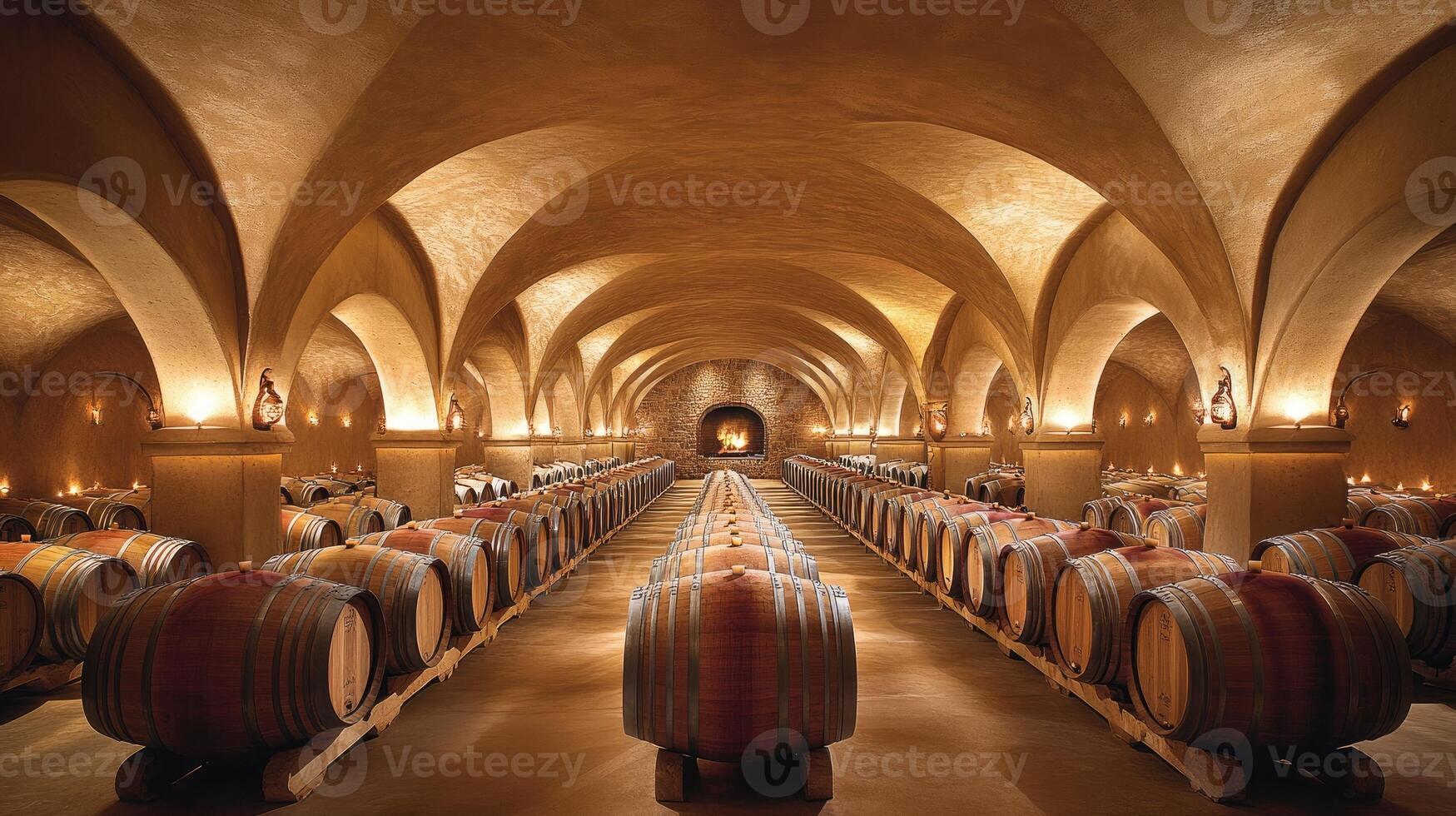 Wine cellar with burning fireplace and rows of oak barrels aging photo