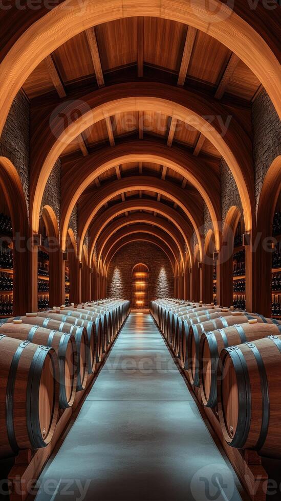 Wine cellar with barrels and wooden arches creating a long perspective path photo