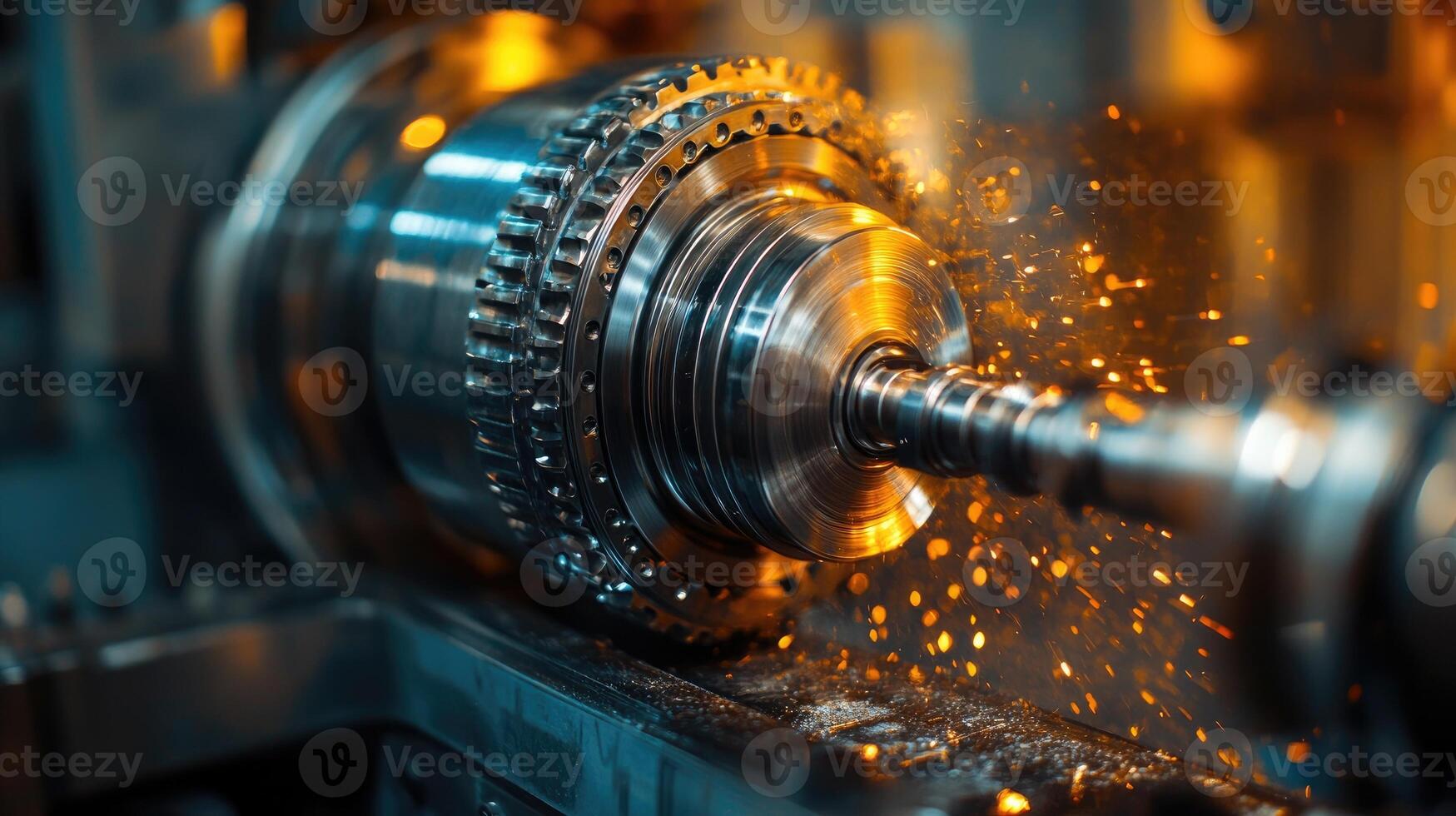 Metal lathe rotating and creating sparks during metal part processing photo