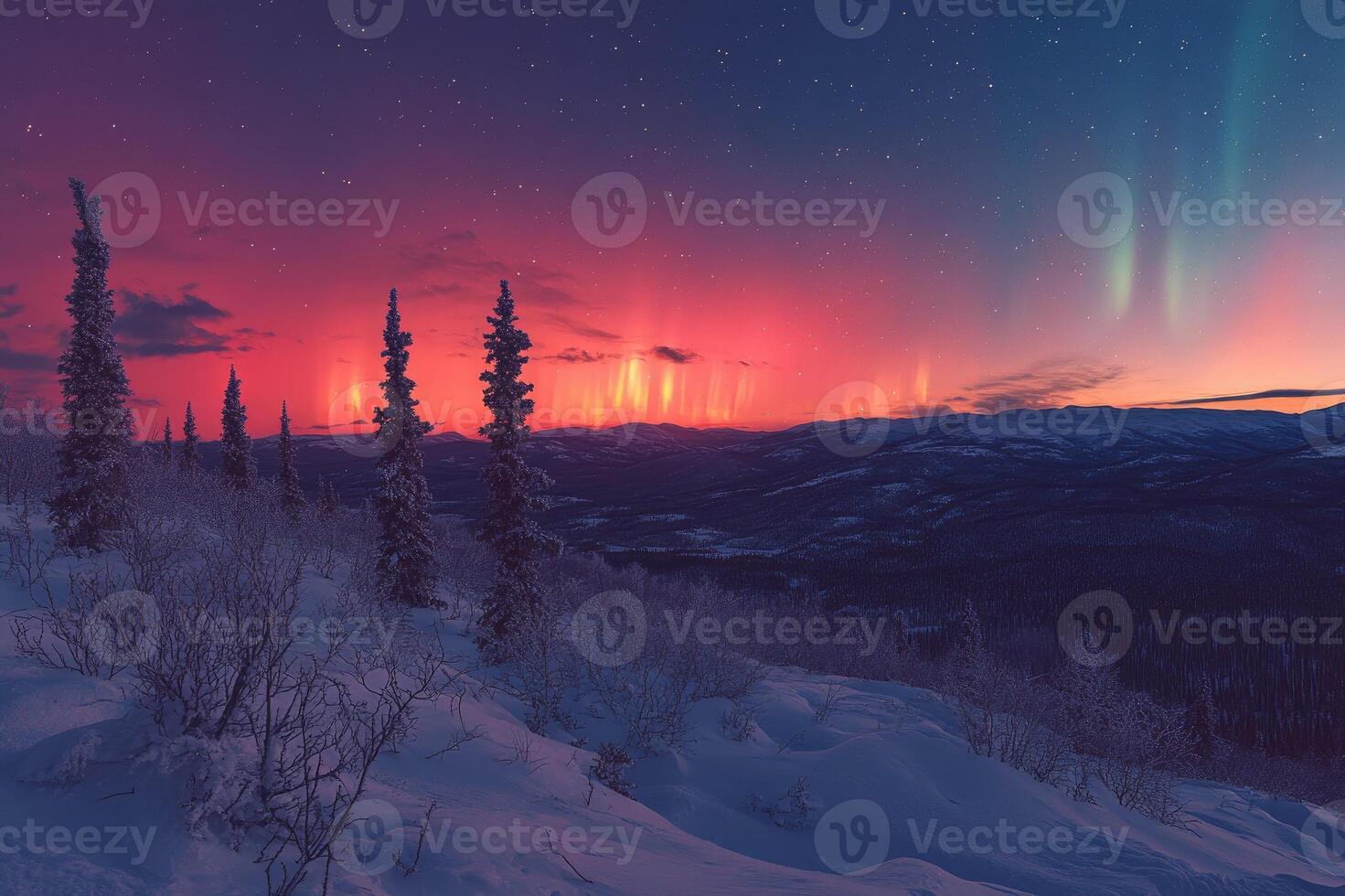 Majestic aurora borealis illuminating snowy mountain landscape at twilight photo