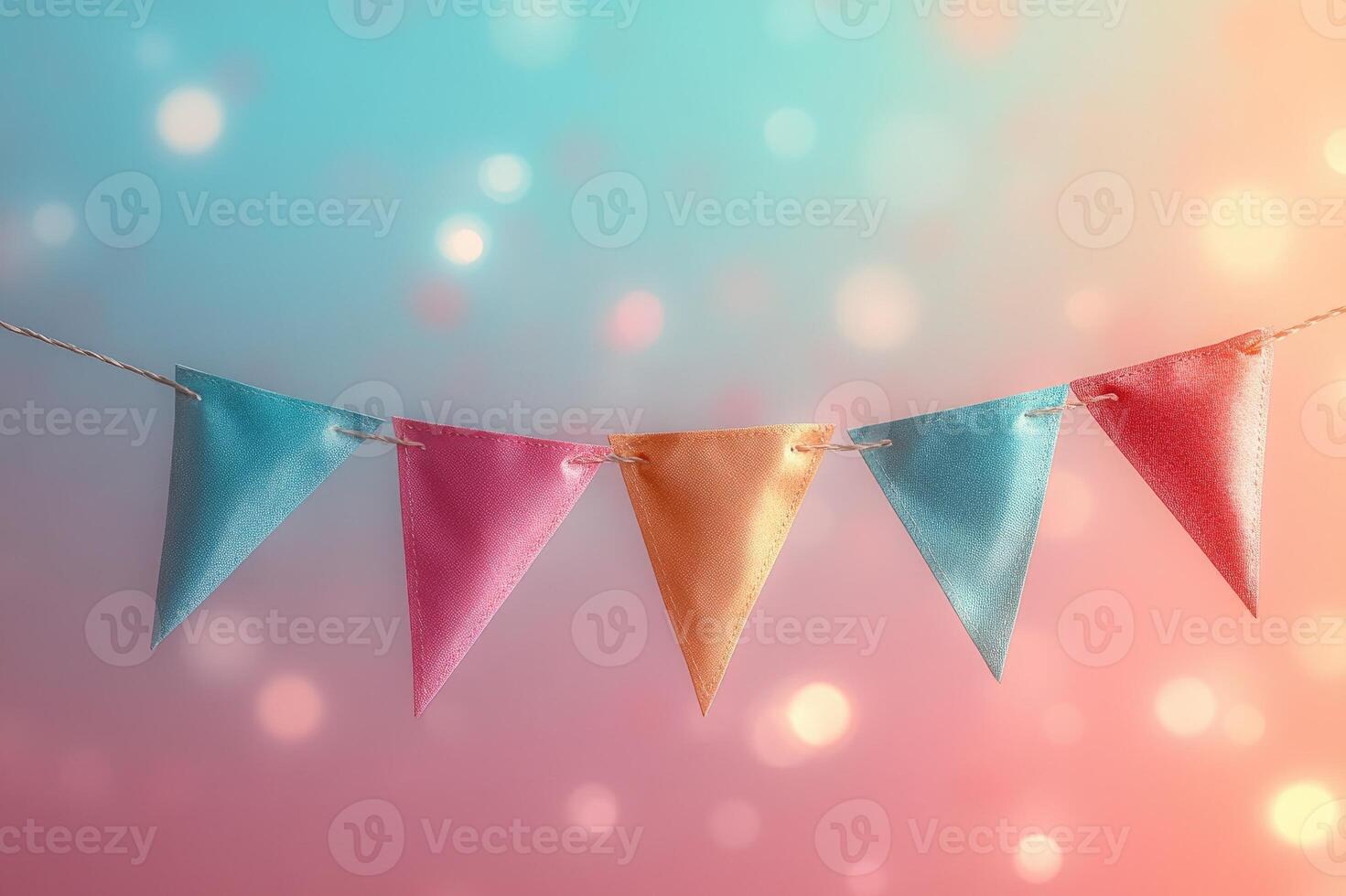 Colorful party flags hanging on string light bokeh background photo