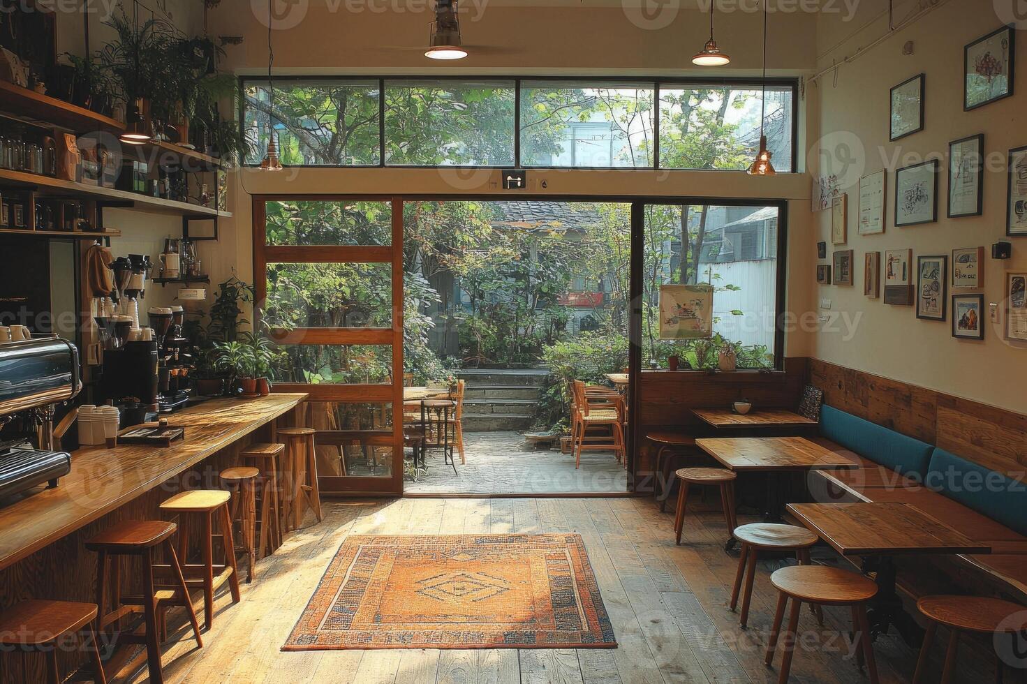 Cozy coffee shop interior with garden view and wooden furniture photo