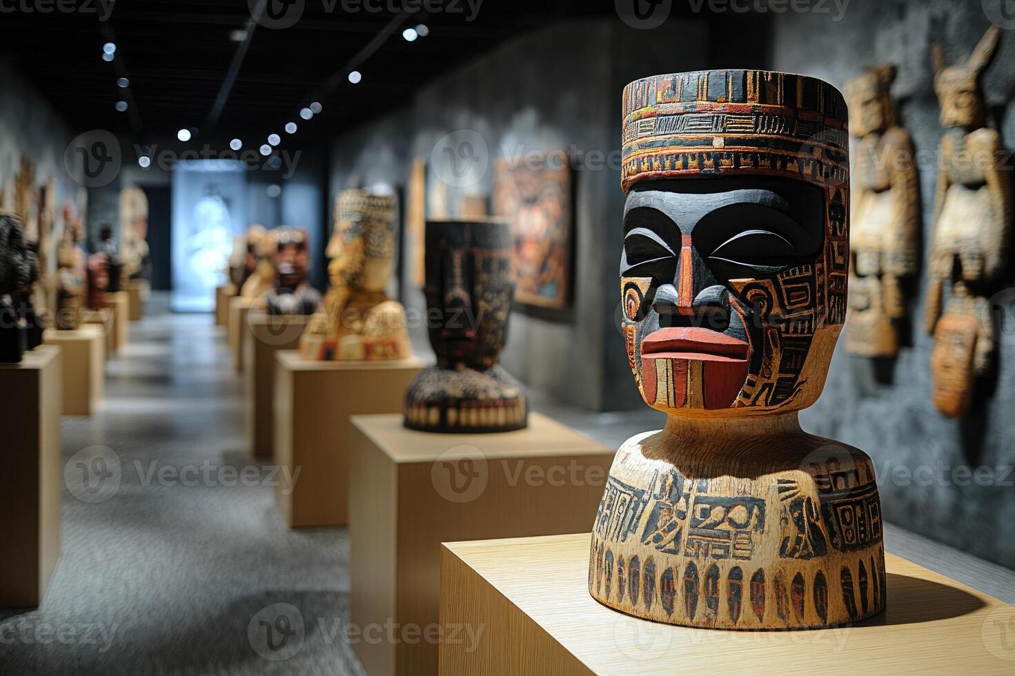 Ancient wooden mask exhibiting tribal art and culture in museum photo