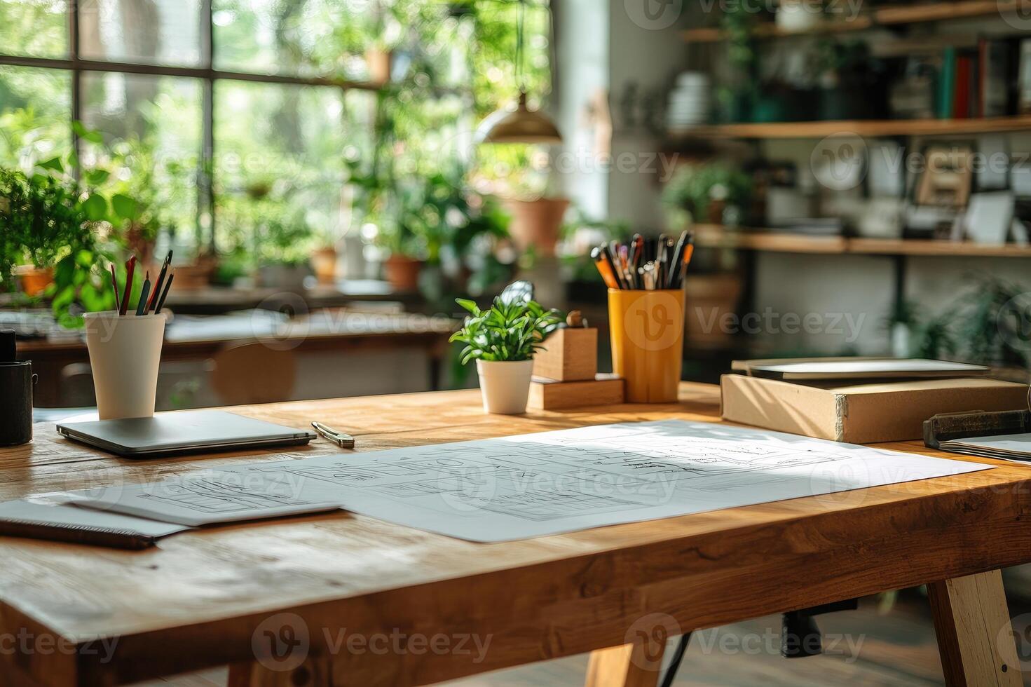 Architect working on architectural plans in a sunny office with plants photo