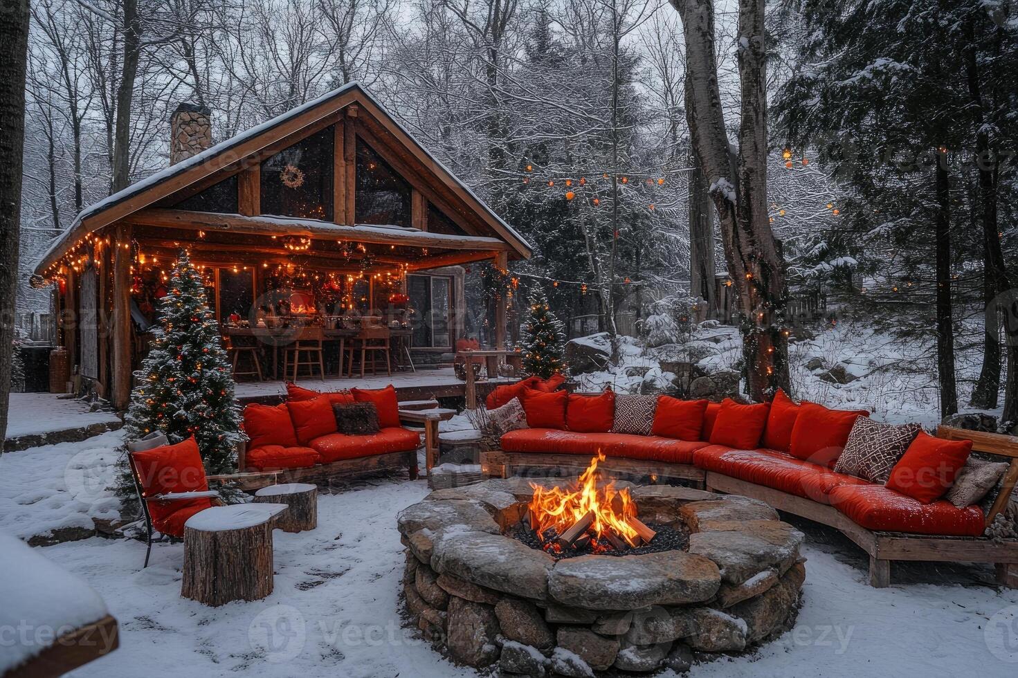 Burning fireplace warming up cozy christmas dinner scene in a mountain chalet photo