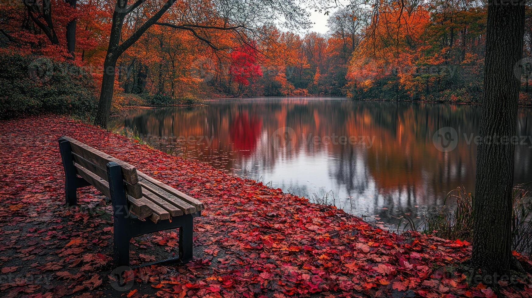 Empty bench inviting visitors to enjoy the beautiful autumn colors reflected in the lake photo