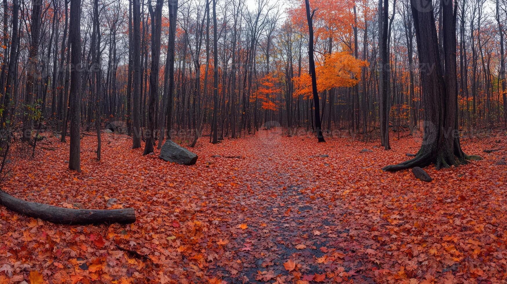 Hiking trail covered in fallen leaves in autumn forest photo