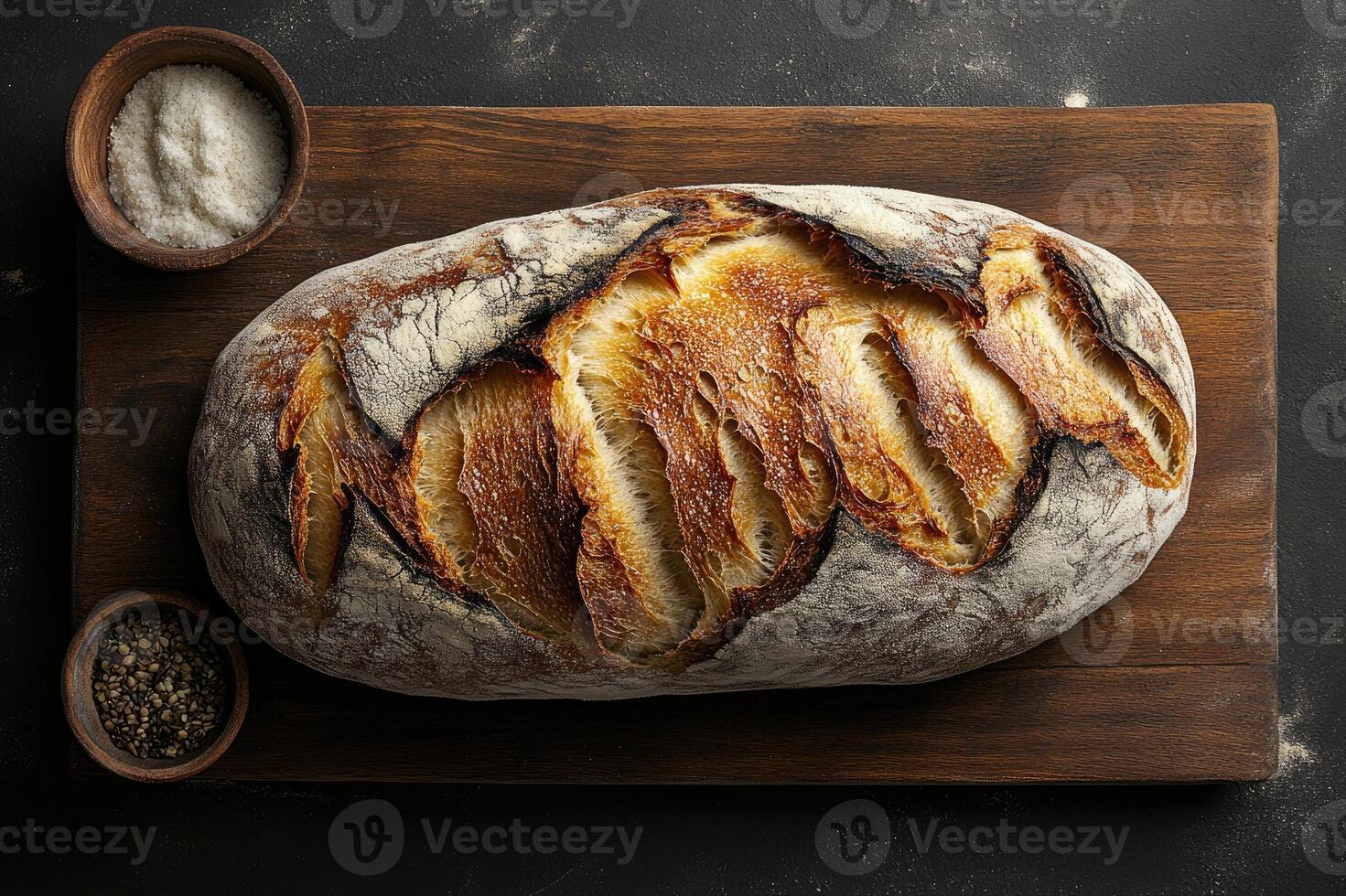 Freshly baked loaf of sourdough bread on wooden cutting board with salt and pepper photo