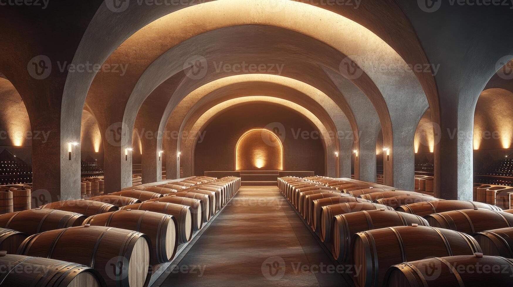 Oak wine barrels aging in a traditional cellar, creating a captivating perspective photo