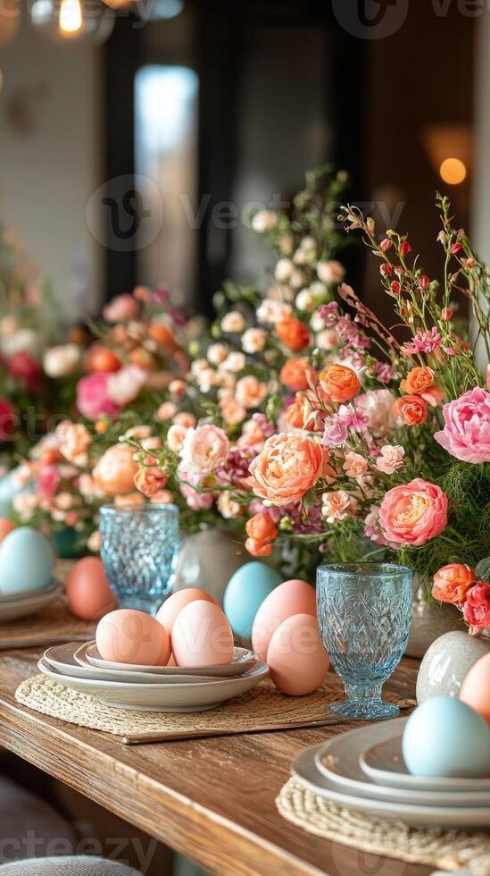 Easter table setting decorated with colorful eggs and spring flowers photo