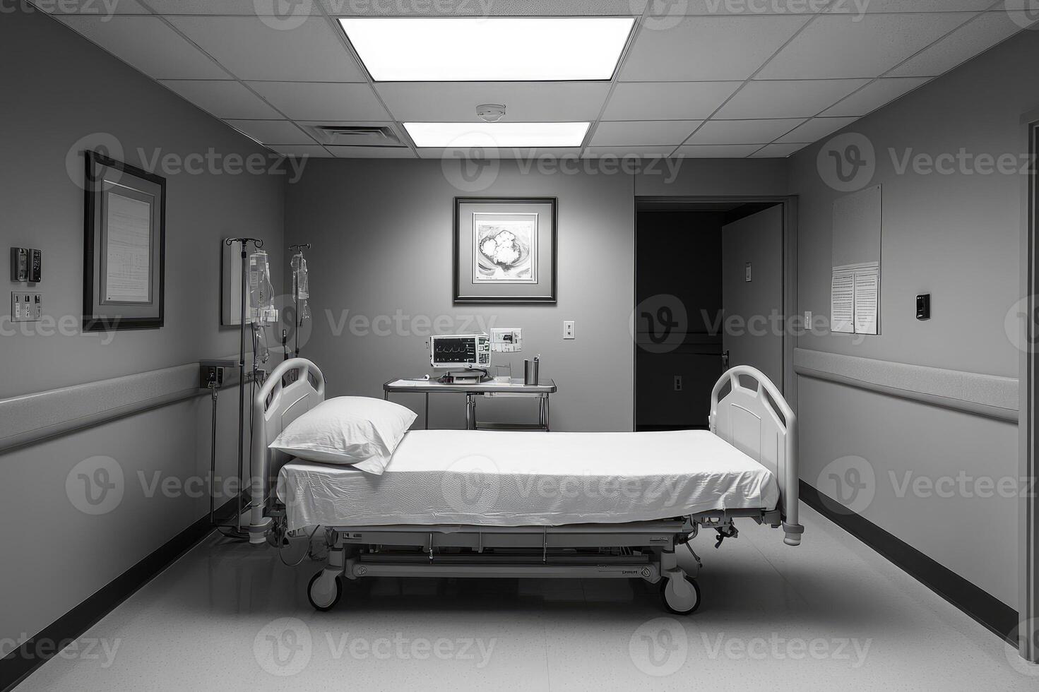 Empty hospital bed waiting for patient in sterile room photo