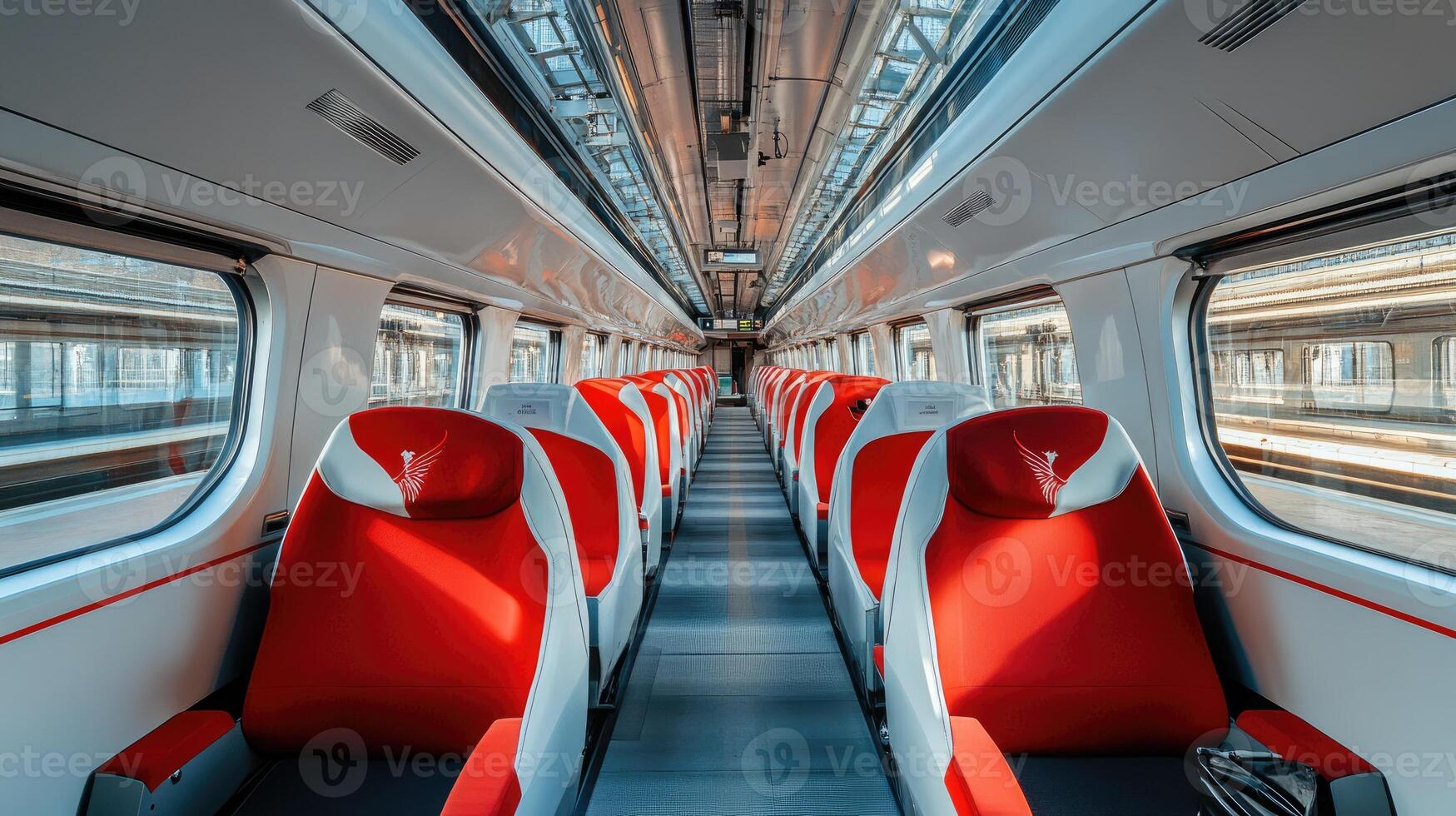 Empty modern passenger train interior with red seats photo