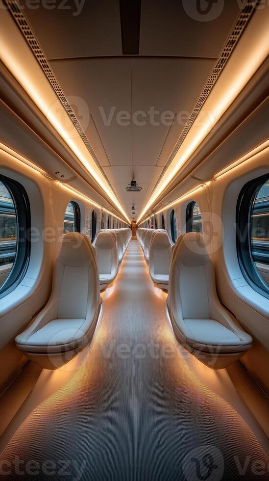 Empty modern high-speed train interior with comfortable seats and warm lighting photo