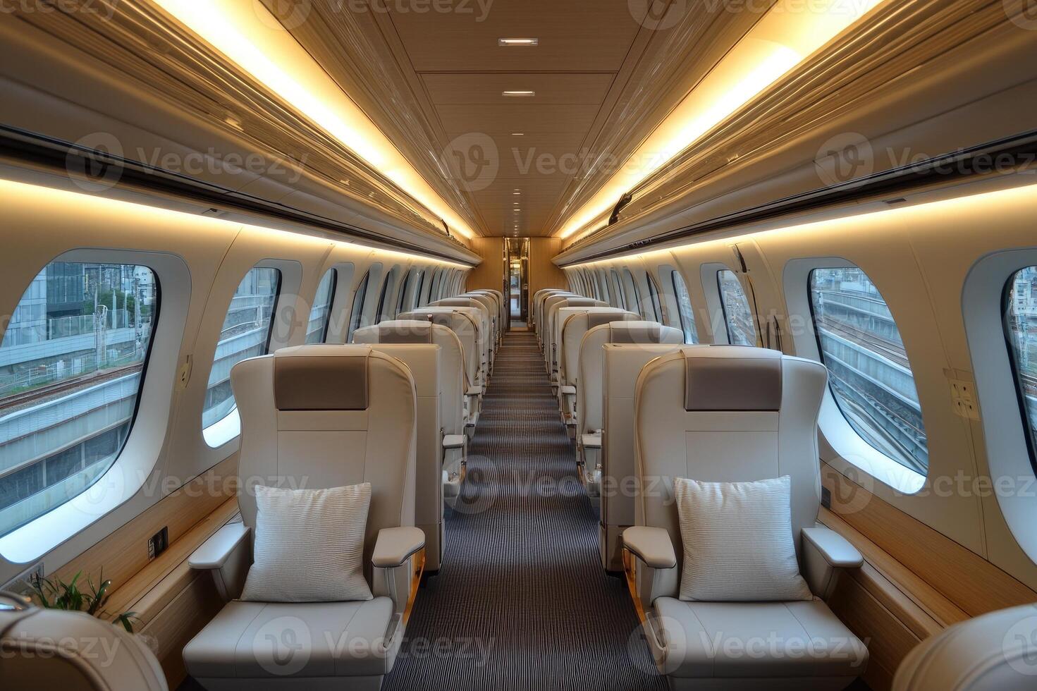 Comfortable empty seats inside modern high speed train passenger car photo